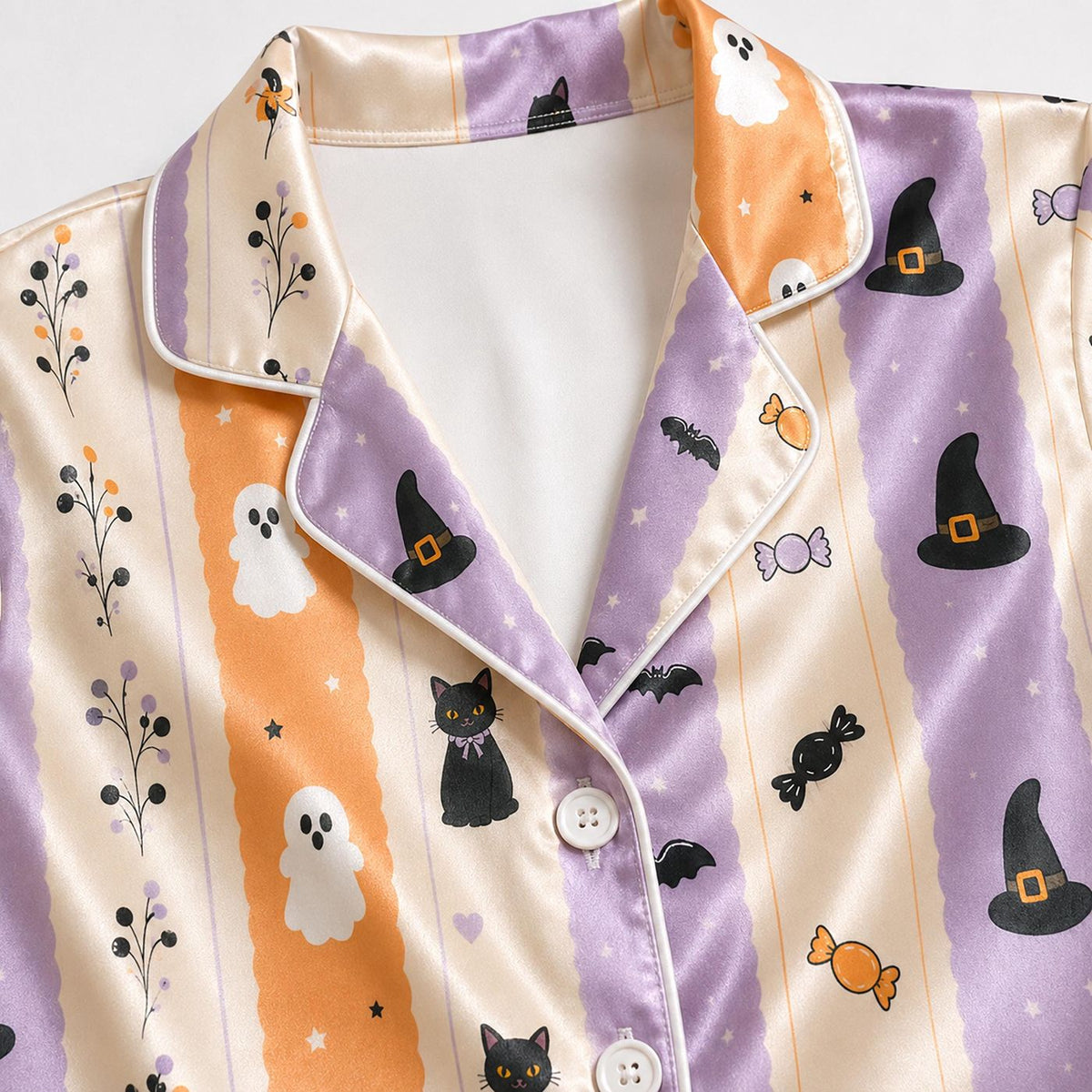 Spooky Cute Ghost Cat Satin Pajamas for Halloween - Striped Sleepwear