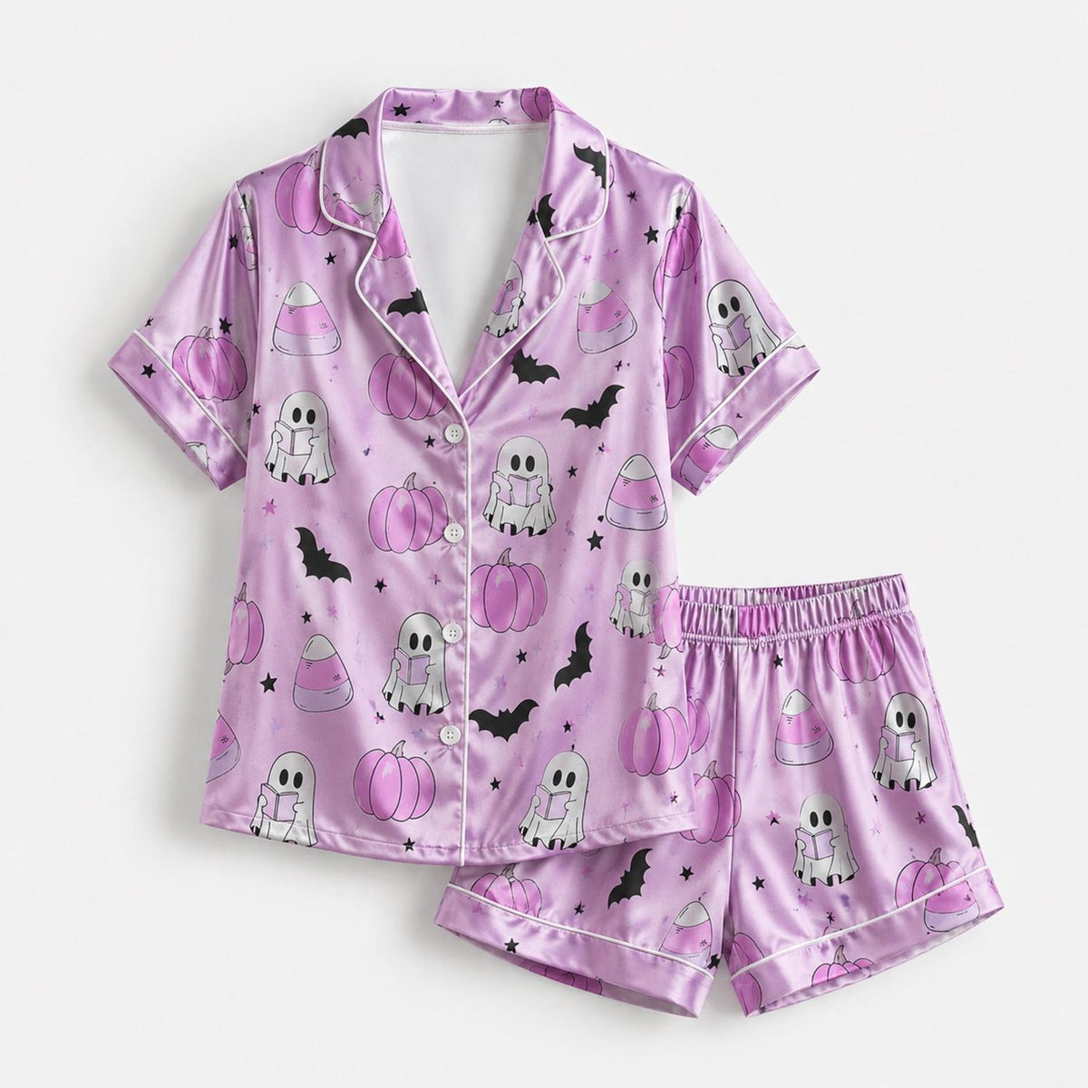 Cozy Halloween Satin Pajama Set with Ghost Pumpkin Bat - Cute Spooky Pattern Sleepwear