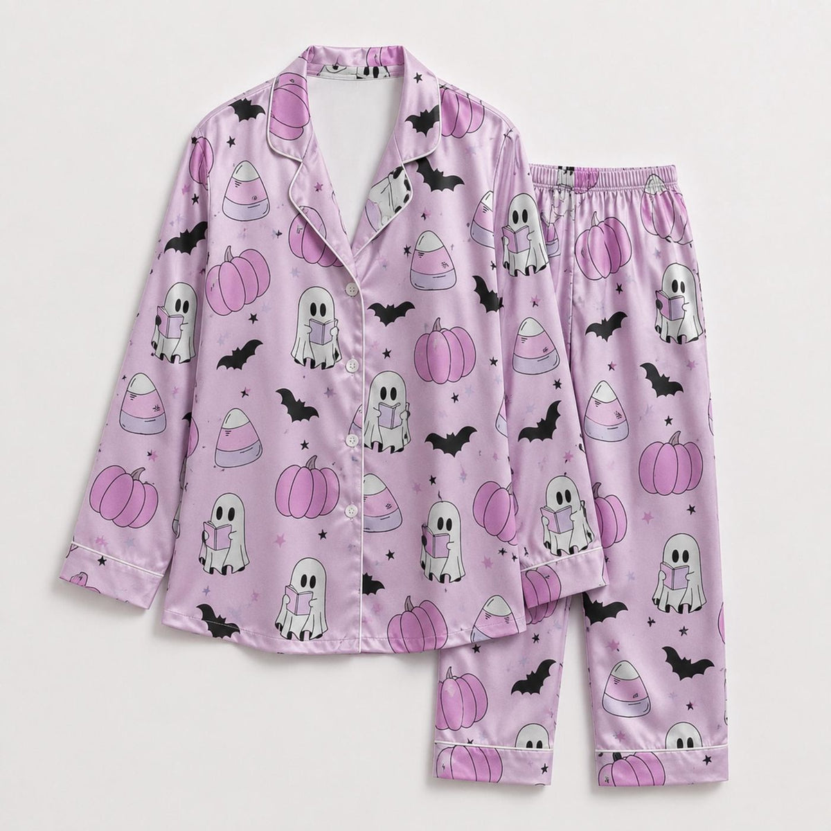 Spooky Pastel Halloween Satin Pajama Set: Ghost Pumpkin Bat Pattern for Cozy Sleepwear