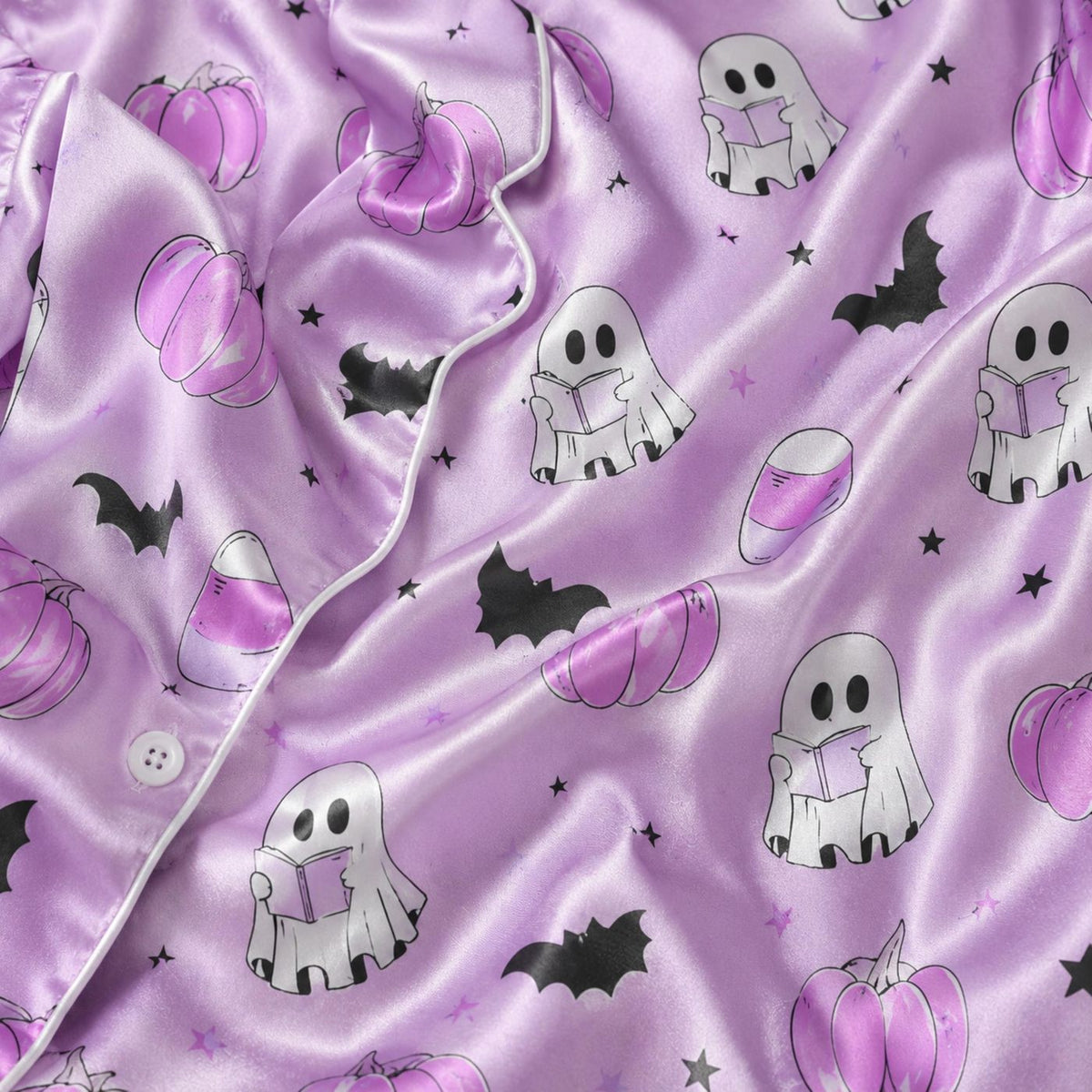 Spooky Pastel Halloween Satin Pajama Set: Ghost Pumpkin Bat Pattern for Cozy Sleepwear