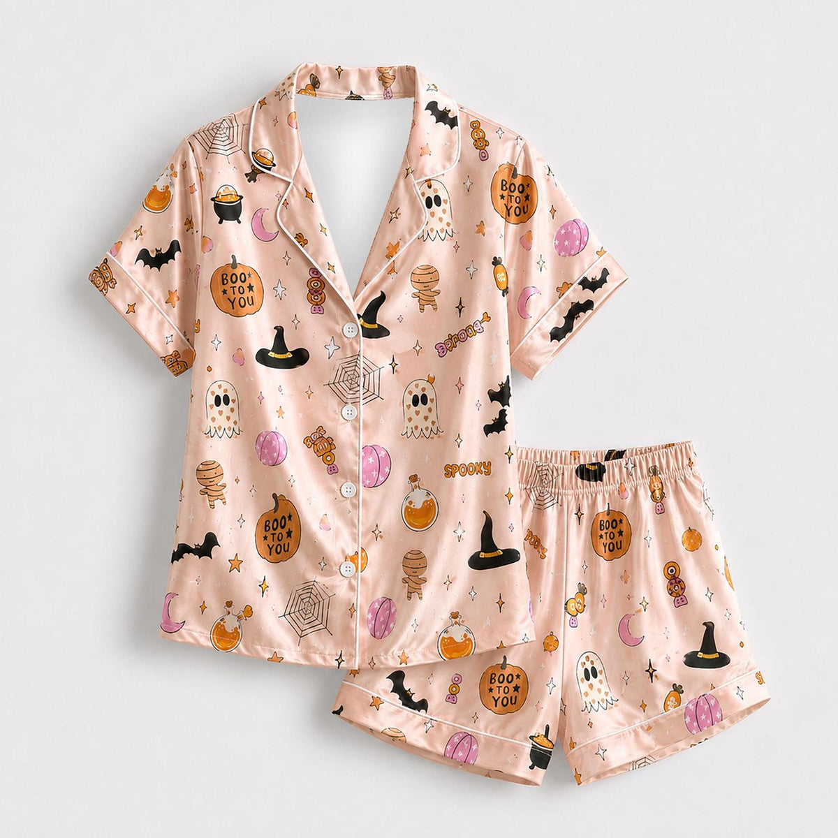 Spooky Halloween Satin Pajama Set with Ghost Witch Hat Bats for Cozy Sleepwear
