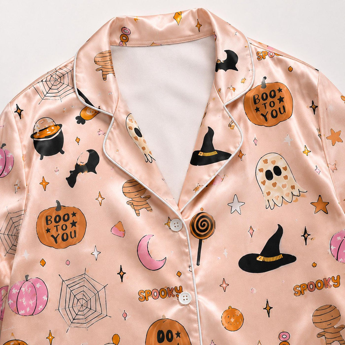 Spooky Halloween Satin Pajama Set with Ghost Witch Hat Bats for Cozy Sleepwear