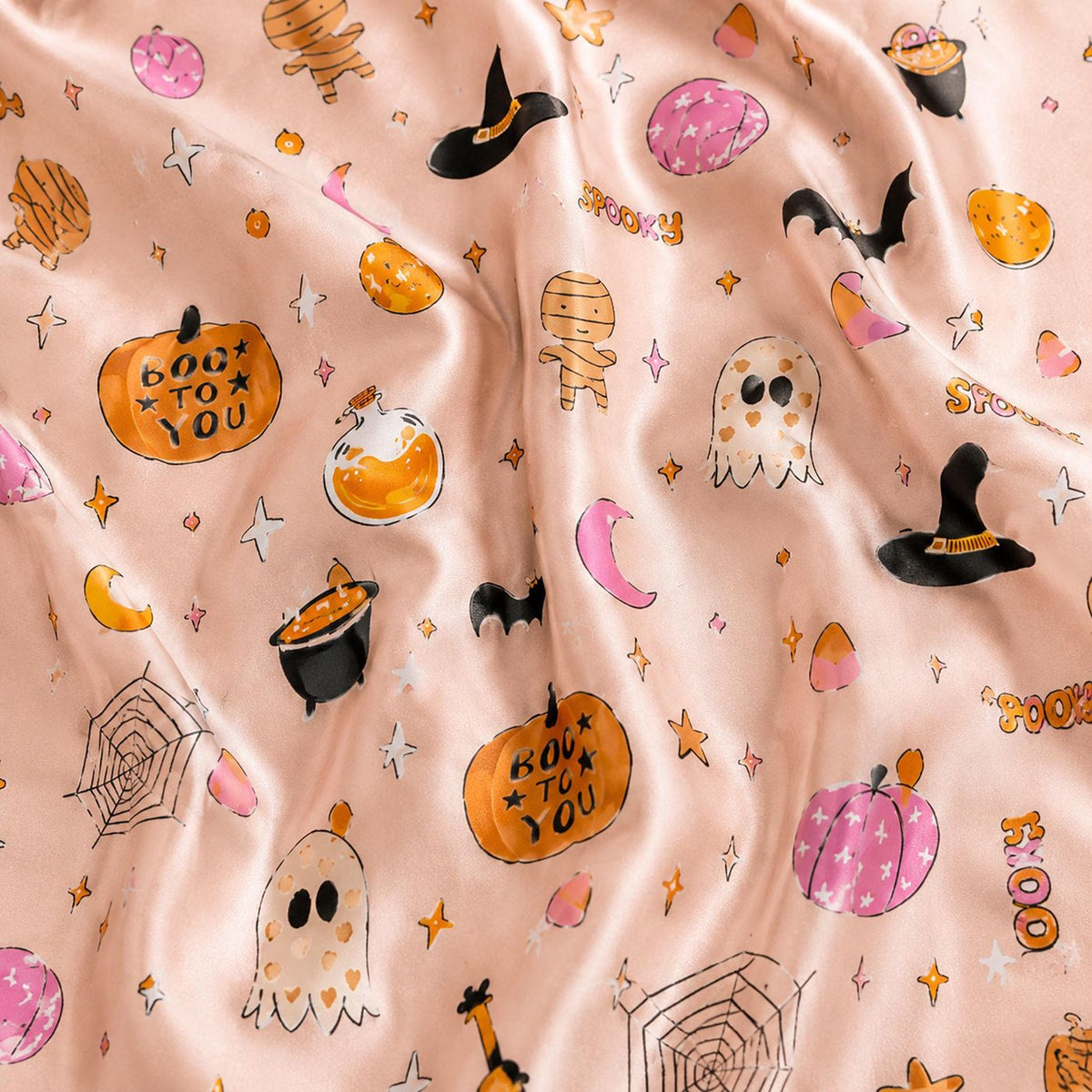 Spooky Halloween Satin Pajama Set with Ghost Witch Hat Bats for Cozy Sleepwear