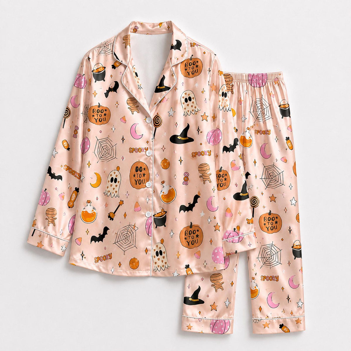 Spooky Halloween Satin Pajama Set with Ghost Witch Hat Bats for Cozy Sleepwear