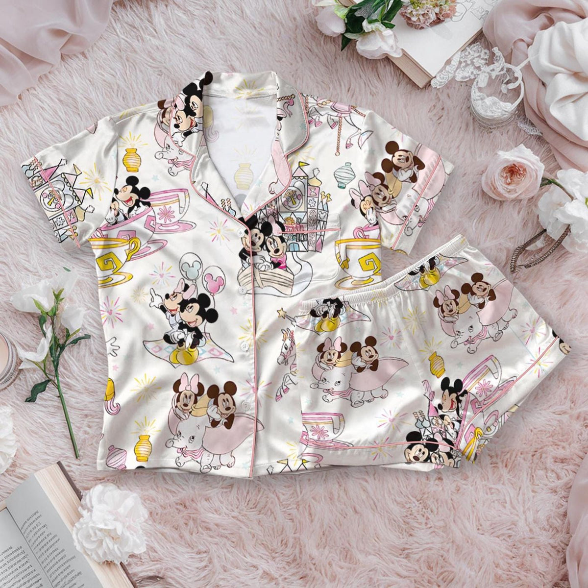 Pastel Magical Mouse Park Day Satin Pajamas Set Disney Mickey Minnie Spring Summer