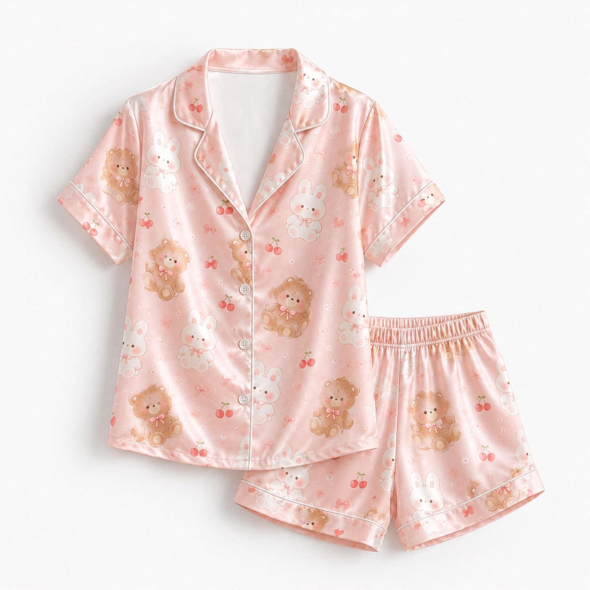 Pastel Puppy Bunny Satin Pajama Set Cherry Blossom Sleepwear for Kids