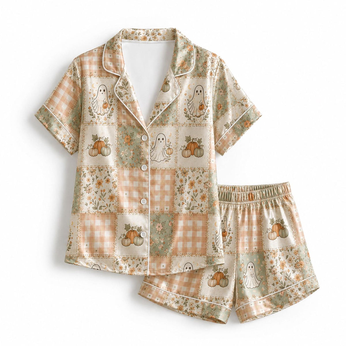 Spooky Patchwork Halloween Satin Pajama Set with Ghost Pumpkin & Floral Pattern