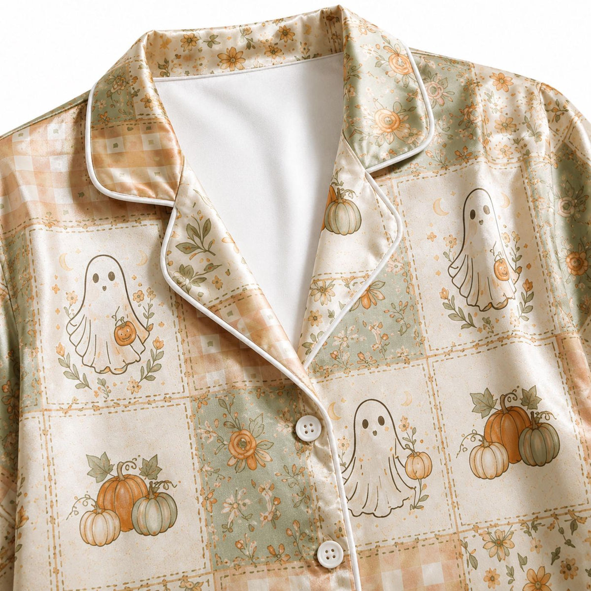 Spooky Patchwork Halloween Satin Pajama Set with Ghost Pumpkin & Floral Pattern