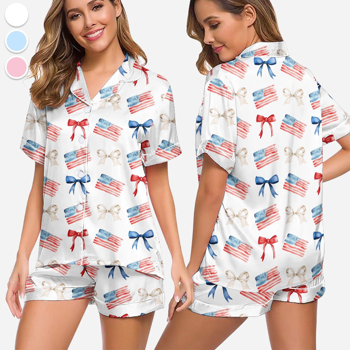 4th of July Women s Patriotic Pajama Set: USA Flag Satin Sleepwear