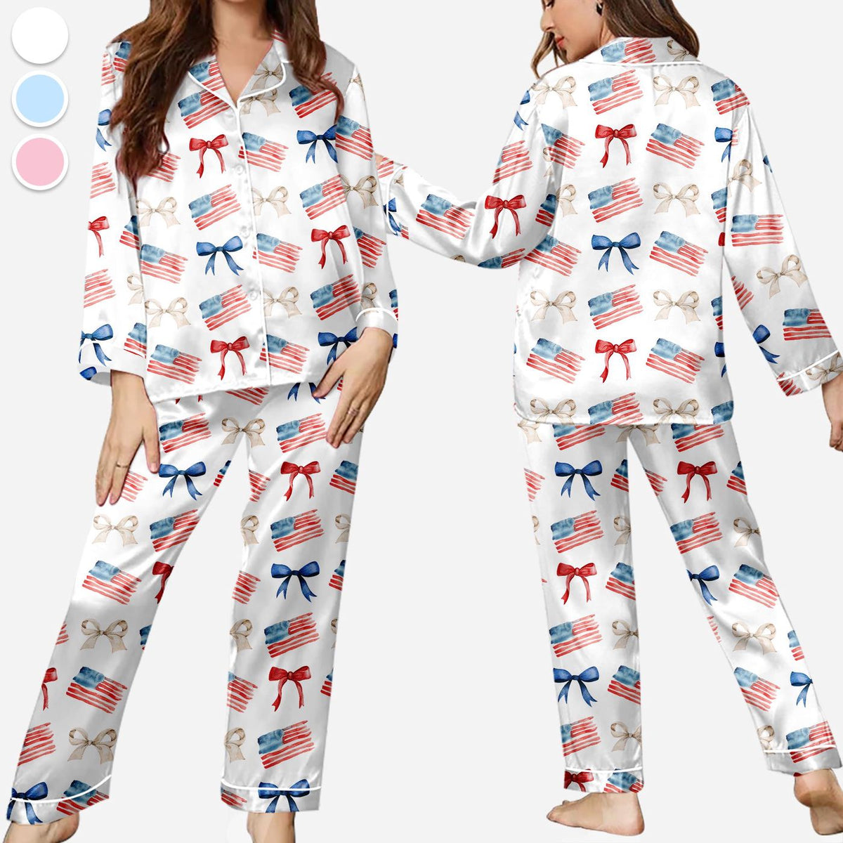 4th of July Women s Patriotic Pajama Set: USA Flag Satin Sleepwear