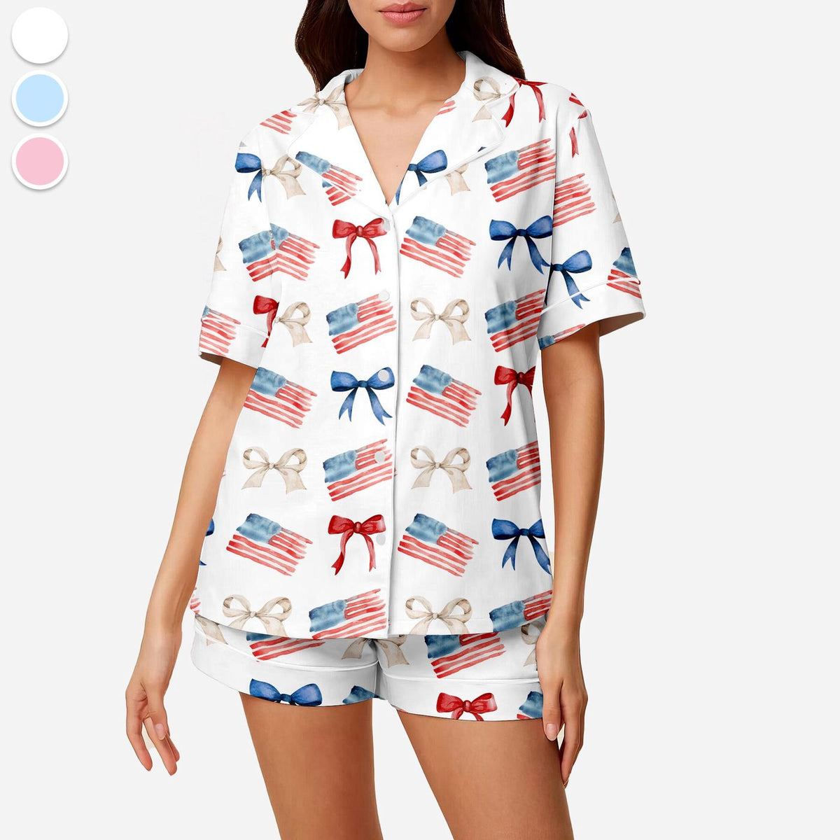 4th of July Women s Patriotic Pajama Set: USA Flag Satin Sleepwear