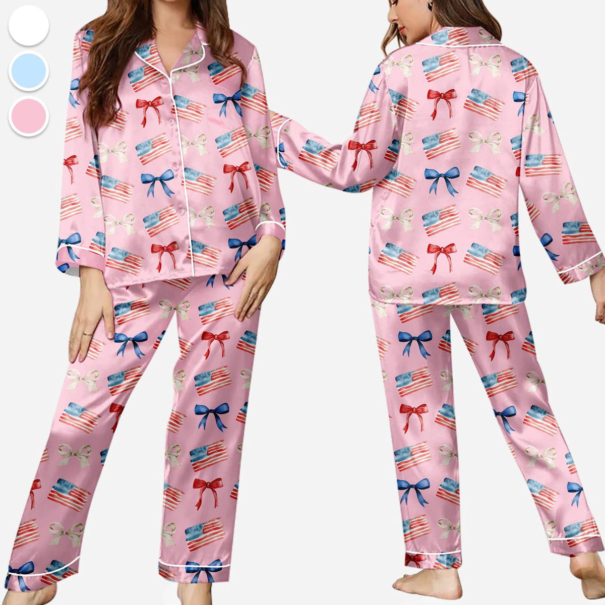 4th of July Women s Patriotic Pajama Set: USA Flag Satin Sleepwear