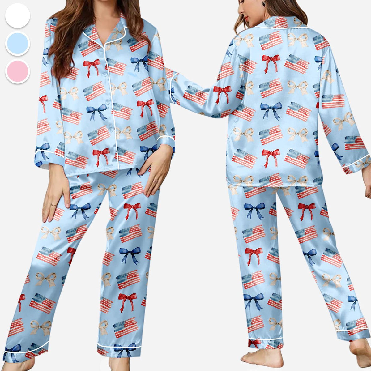 4th of July Women s Patriotic Pajama Set: USA Flag Satin Sleepwear