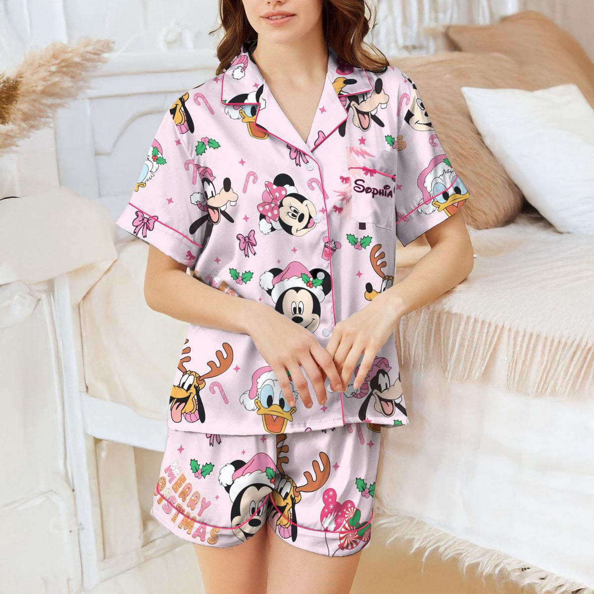 Personalized Mickey & Friends Christmas Satin Pajamas Short Set for Mickey s Very Merry Party
