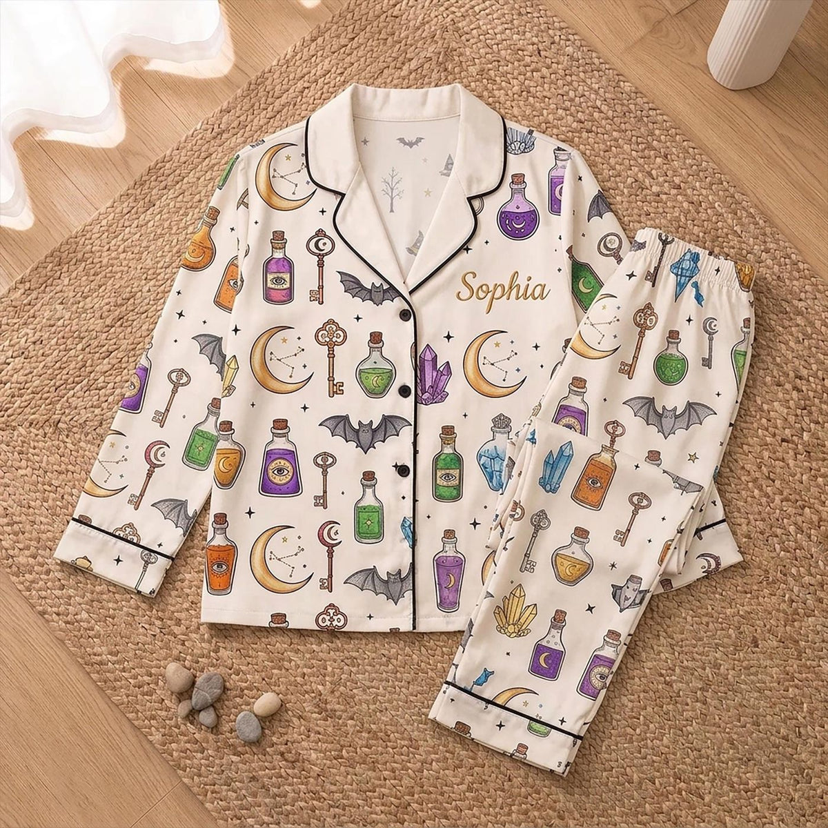 Custom Witchy Pajamas Set: Bat Crystal Sleepwear for Her