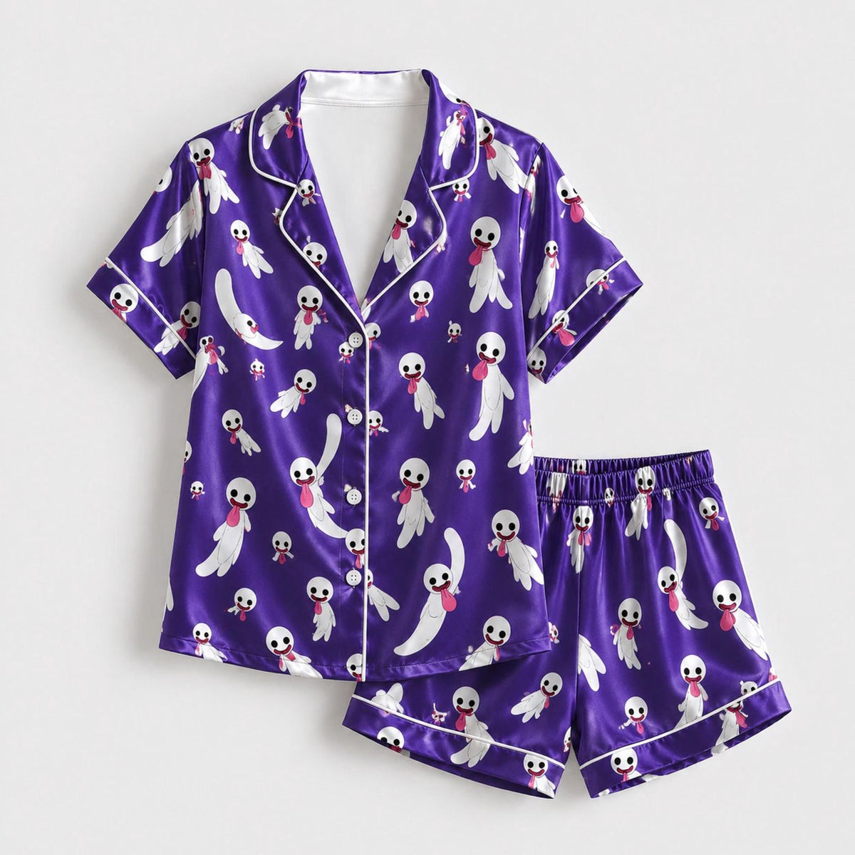 Phantom Halloween Satin Pajama Set: Elegant Haunted Night Pattern for Cozy Loungewear