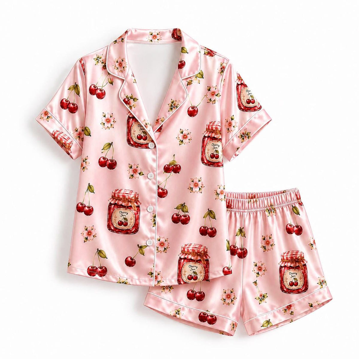Chic Pink Cherry Satin Pajama Set with Botanical Floral Pattern & Fruit Preserve Jars
