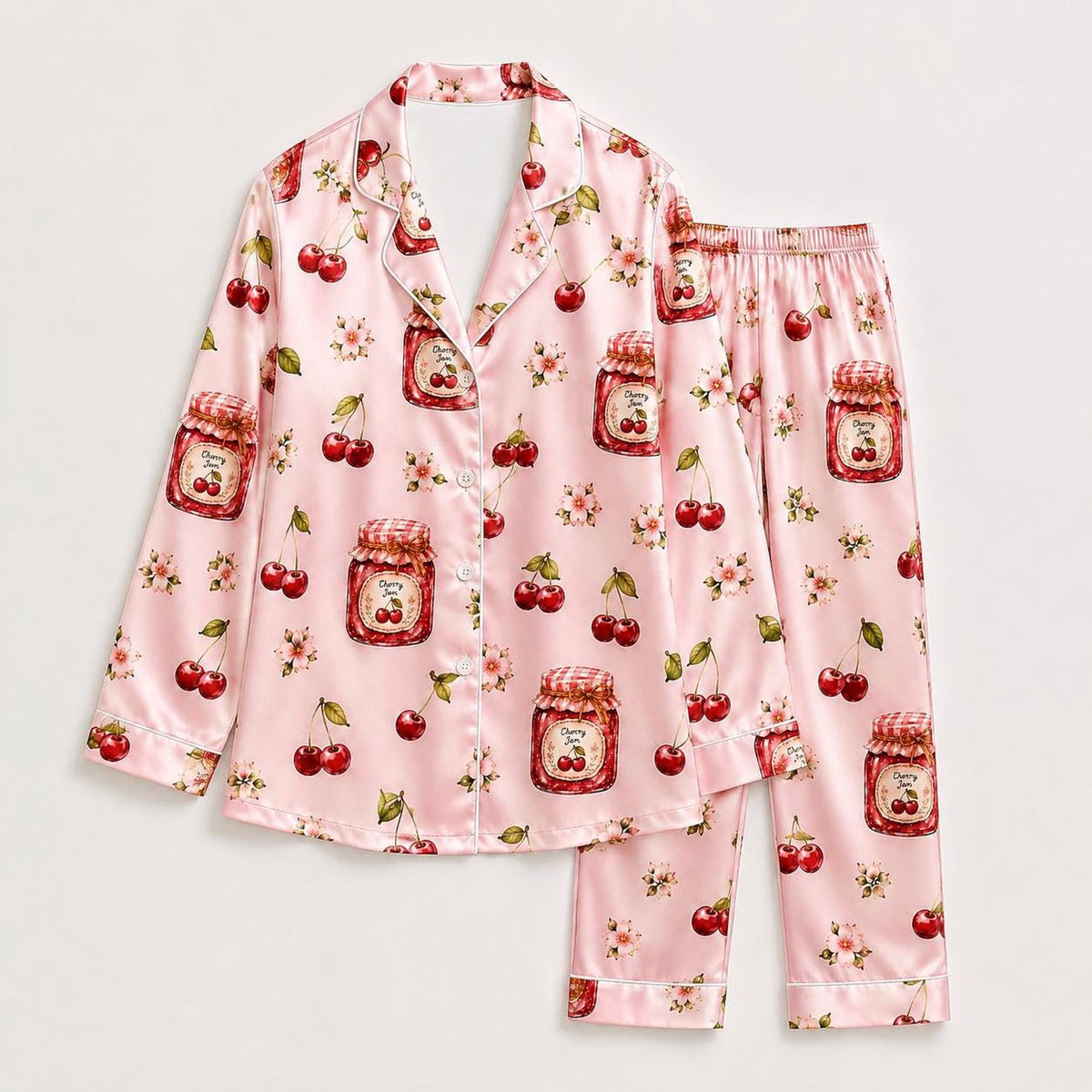 Chic Pink Cherry Satin Pajama Set with Botanical Floral Pattern & Fruit Preserve Jars