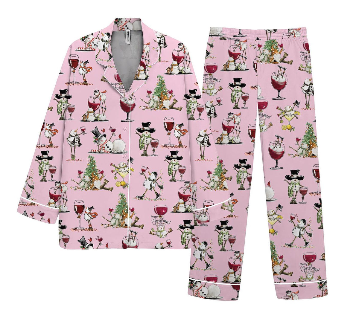 Pink Snowman Christmas Pajama Set Women Satin Sleepwear