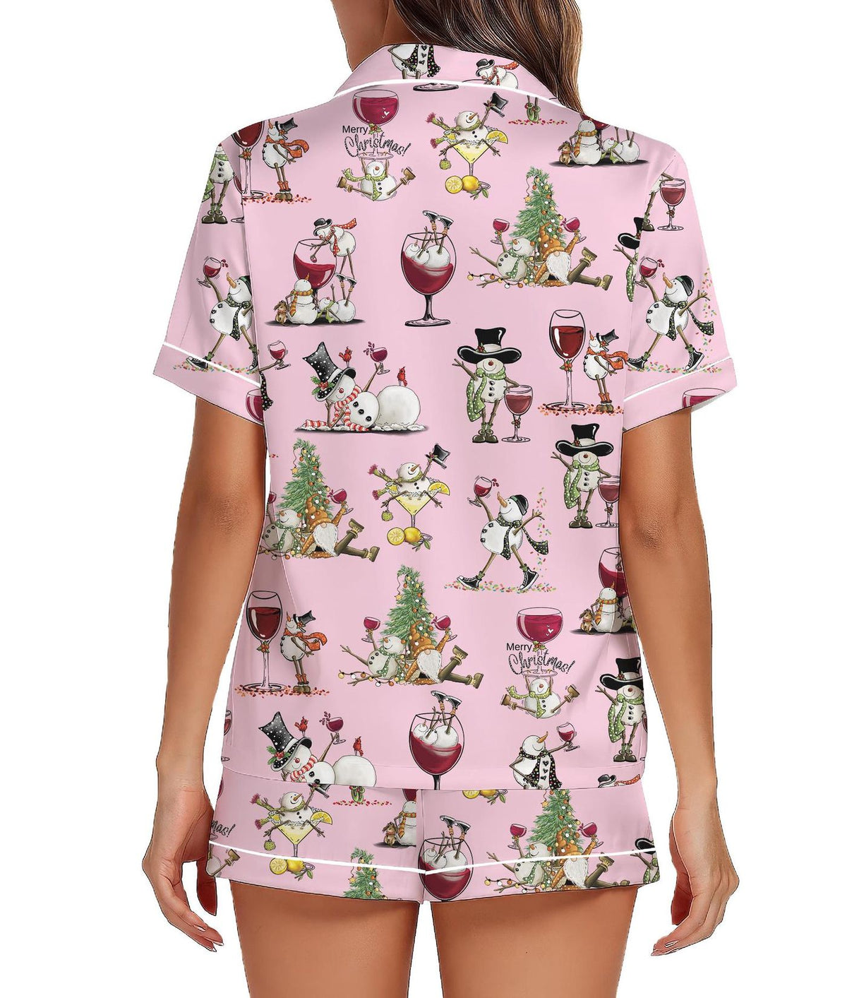 Pink Snowman Christmas Pajama Set Women Satin Sleepwear