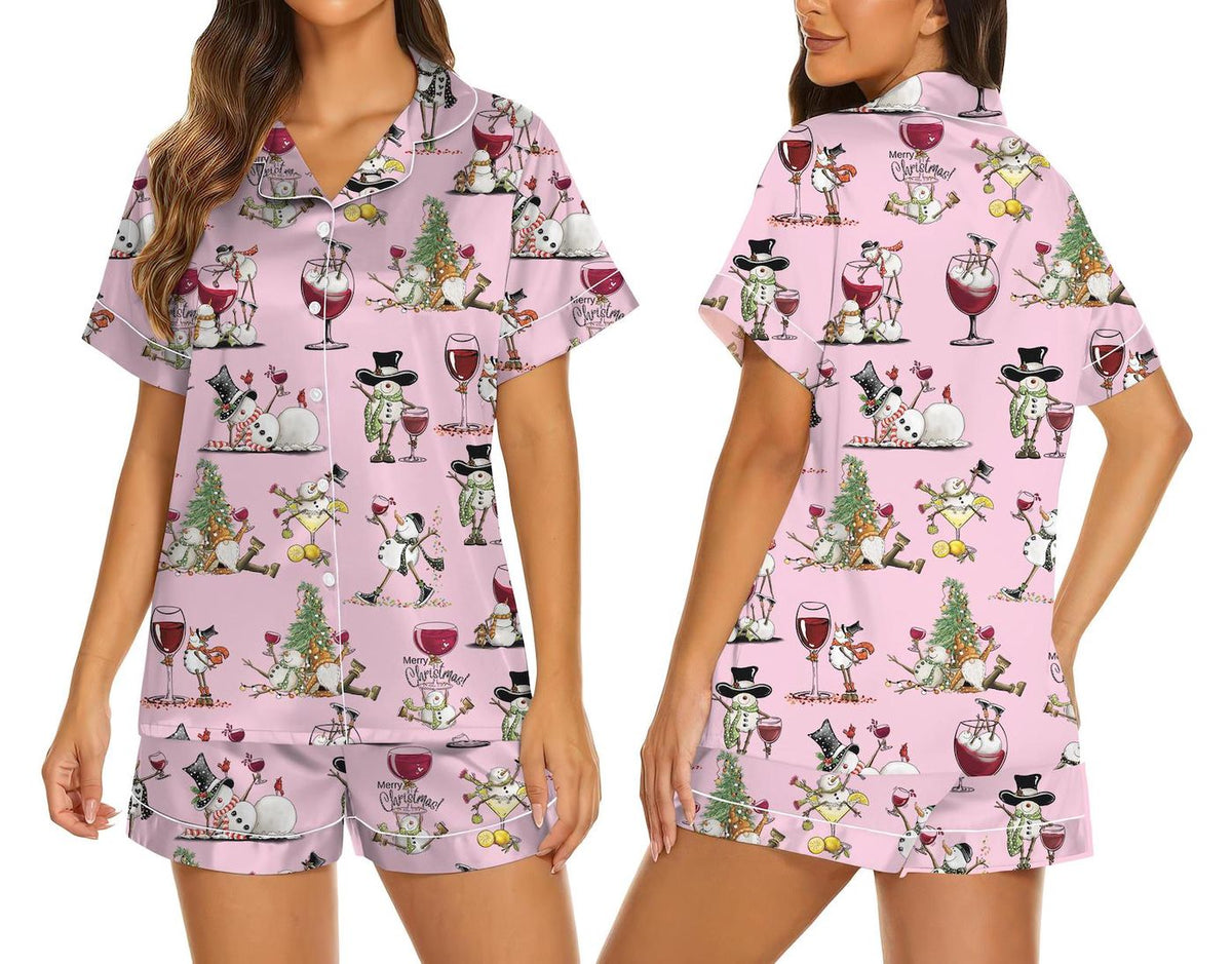 Pink Snowman Christmas Pajama Set Women Satin Sleepwear