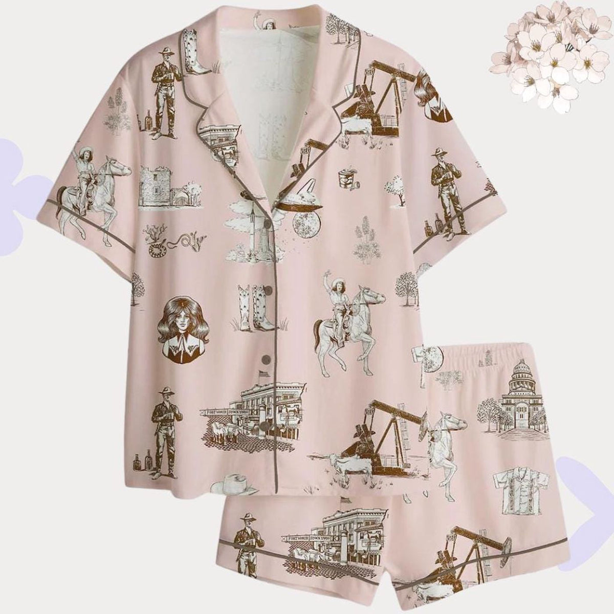 Western Toile Pink Cowgirl Pajama Set - Stylish Sleepwear Gift for Her