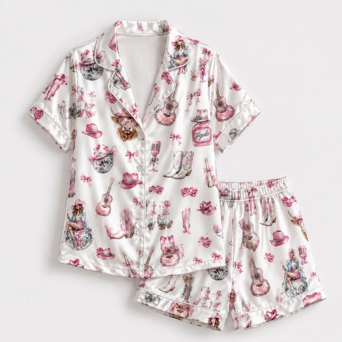 Western-Inspired Pink Cowgirl Satin Pajama Set with Boots Guitars and Hats for Cozy Sleepwear