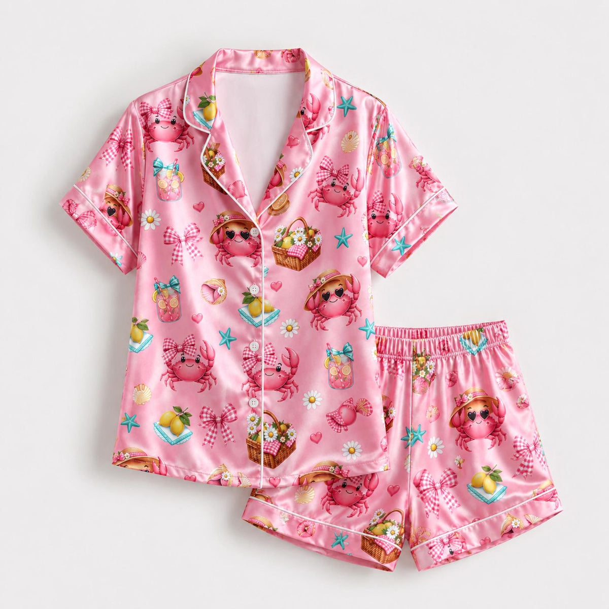 Pink Crab Picnic Satin Pajama Set Coastal Seafood Print Sleepwear for Women