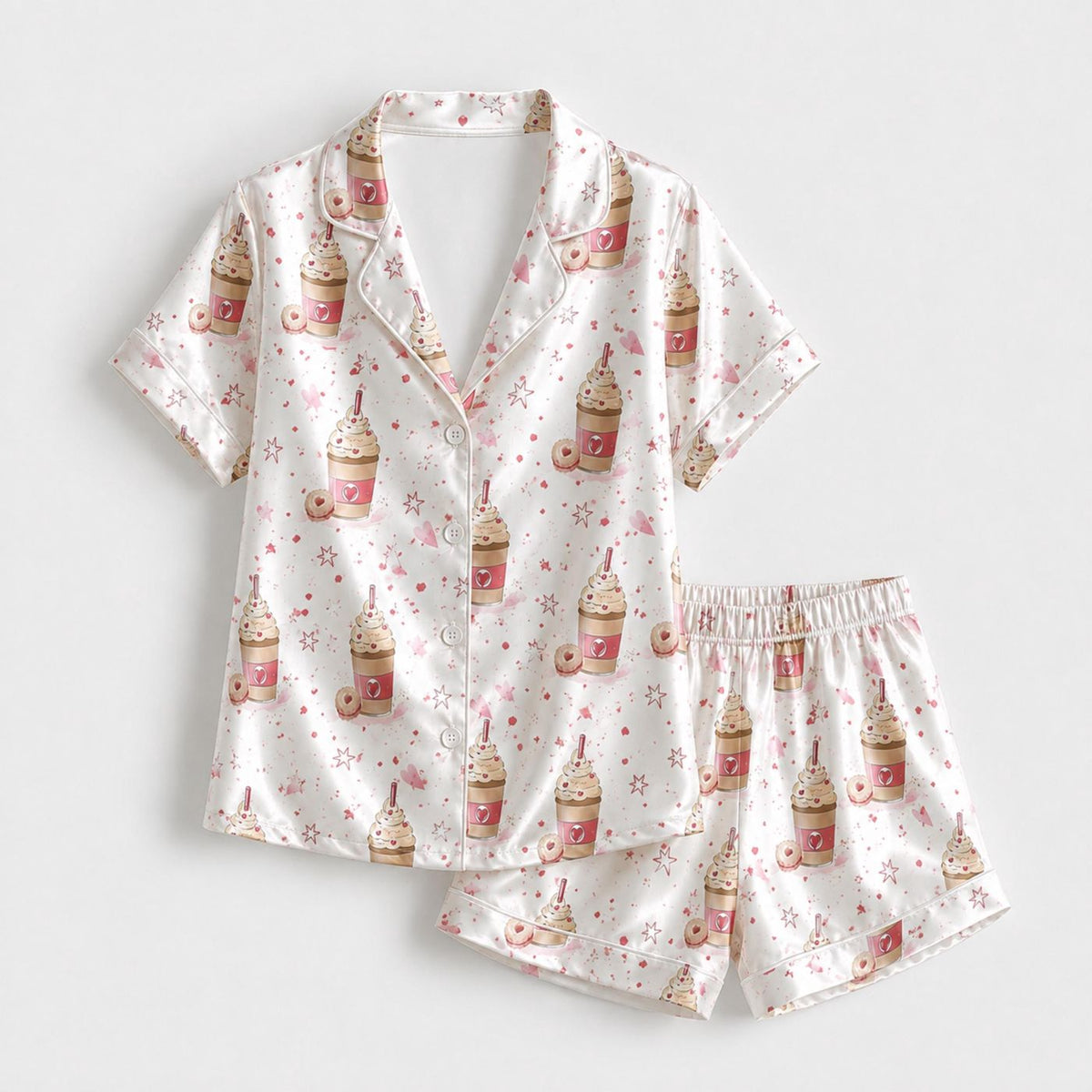 Cozy Pink Dessert Drink Satin Pajama Set with Whipped Cream Cup & Sprinkle Pattern - Perfect for Sweet Dreams!