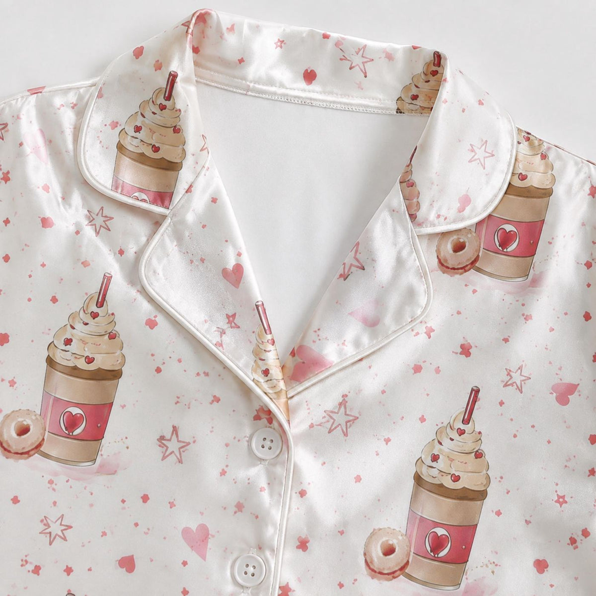 Cozy Pink Dessert Drink Satin Pajama Set with Whipped Cream Cup & Sprinkle Pattern - Perfect for Sweet Dreams!