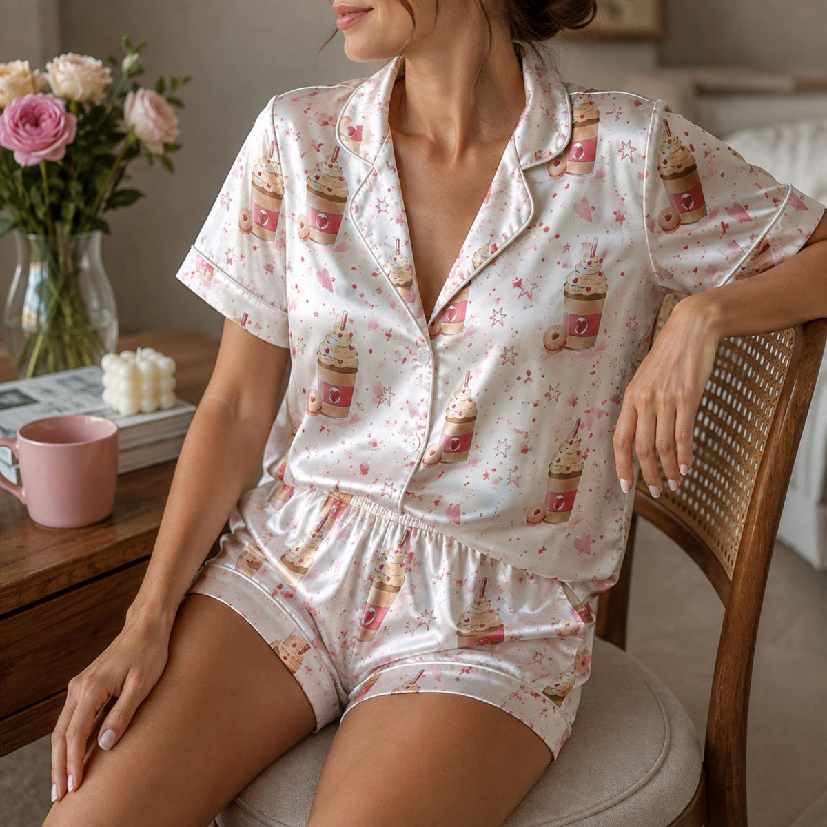 Cozy Pink Dessert Drink Satin Pajama Set with Whipped Cream Cup & Sprinkle Pattern - Perfect for Sweet Dreams!