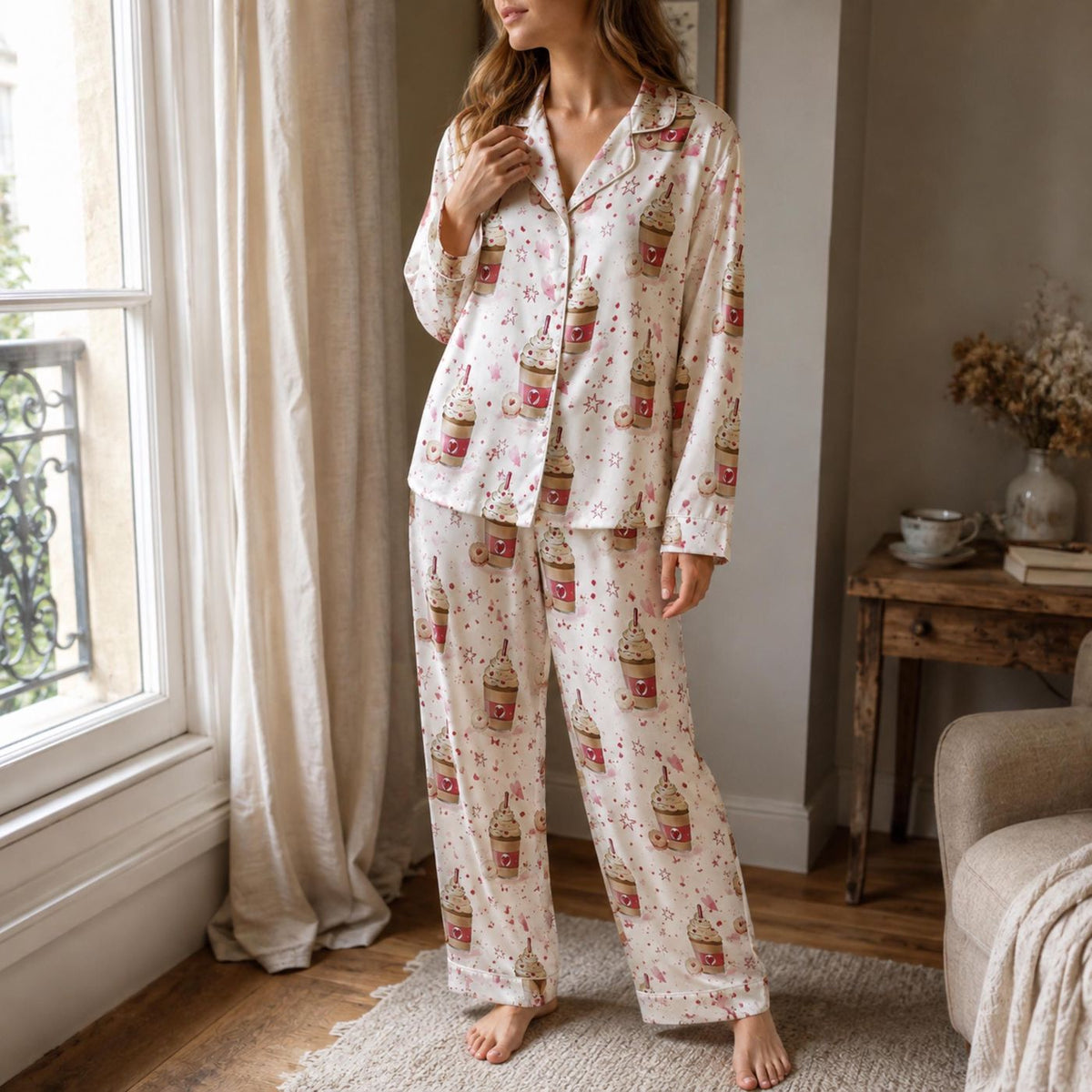 Cozy Pink Dessert Drink Satin Pajama Set with Whipped Cream Cup & Sprinkle Pattern - Perfect for Sweet Dreams!
