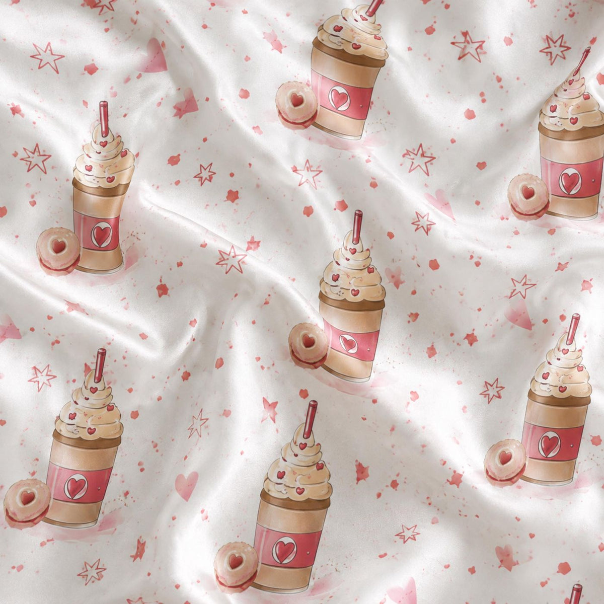 Cozy Pink Dessert Drink Satin Pajama Set with Whipped Cream Cup & Sprinkle Pattern - Perfect for Sweet Dreams!