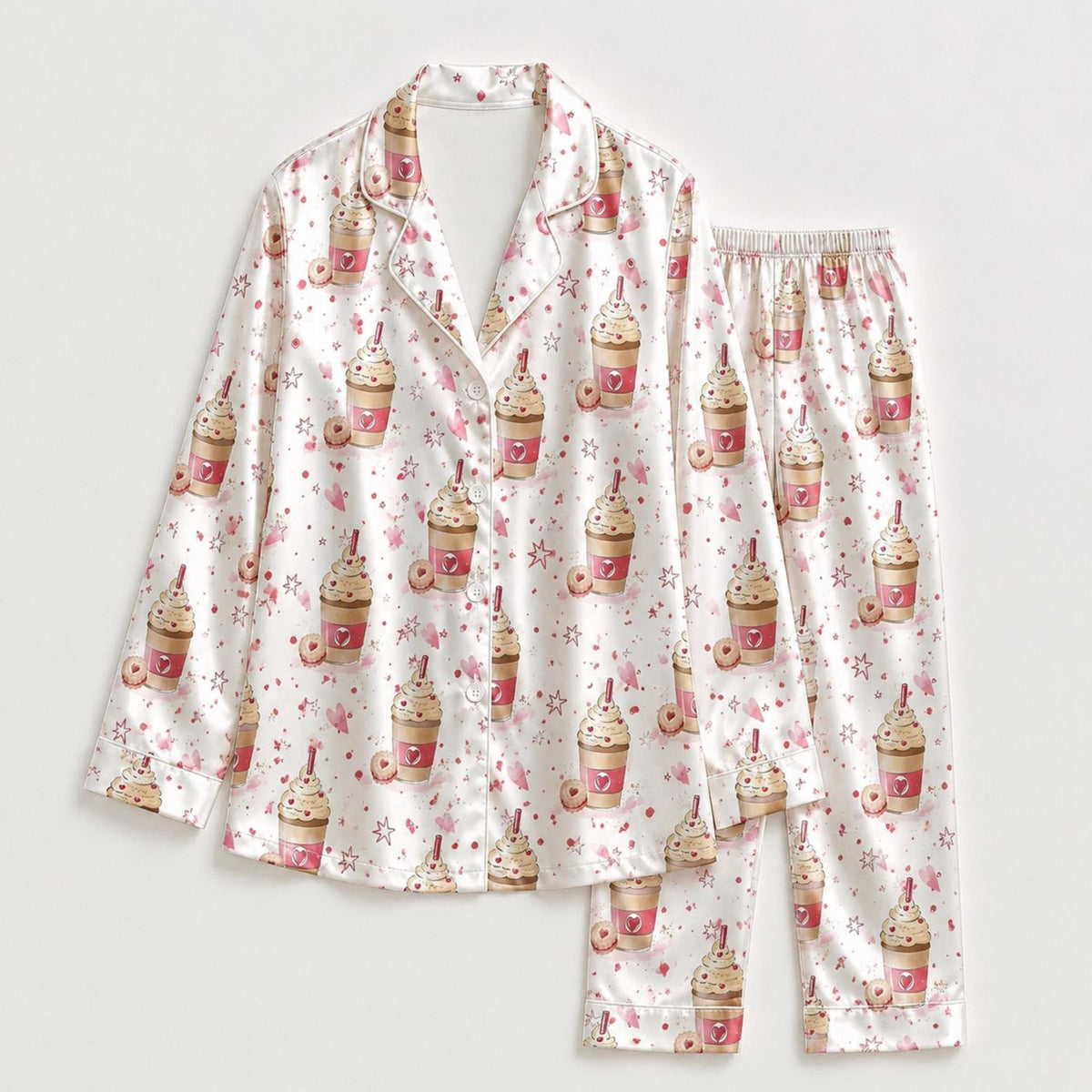 Cozy Pink Dessert Drink Satin Pajama Set with Whipped Cream Cup & Sprinkle Pattern - Perfect for Sweet Dreams!
