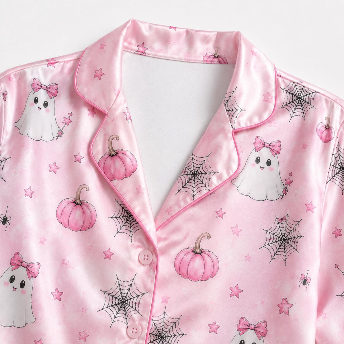 Pink Ghost Pumpkin Satin Pajama Set for Spooky Halloween Sleepwear
