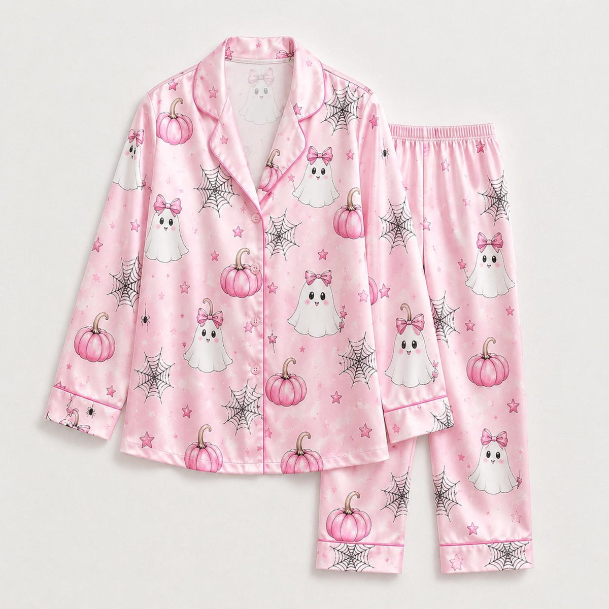 Pink Ghost Pumpkin Satin Pajama Set for Spooky Halloween Sleepwear