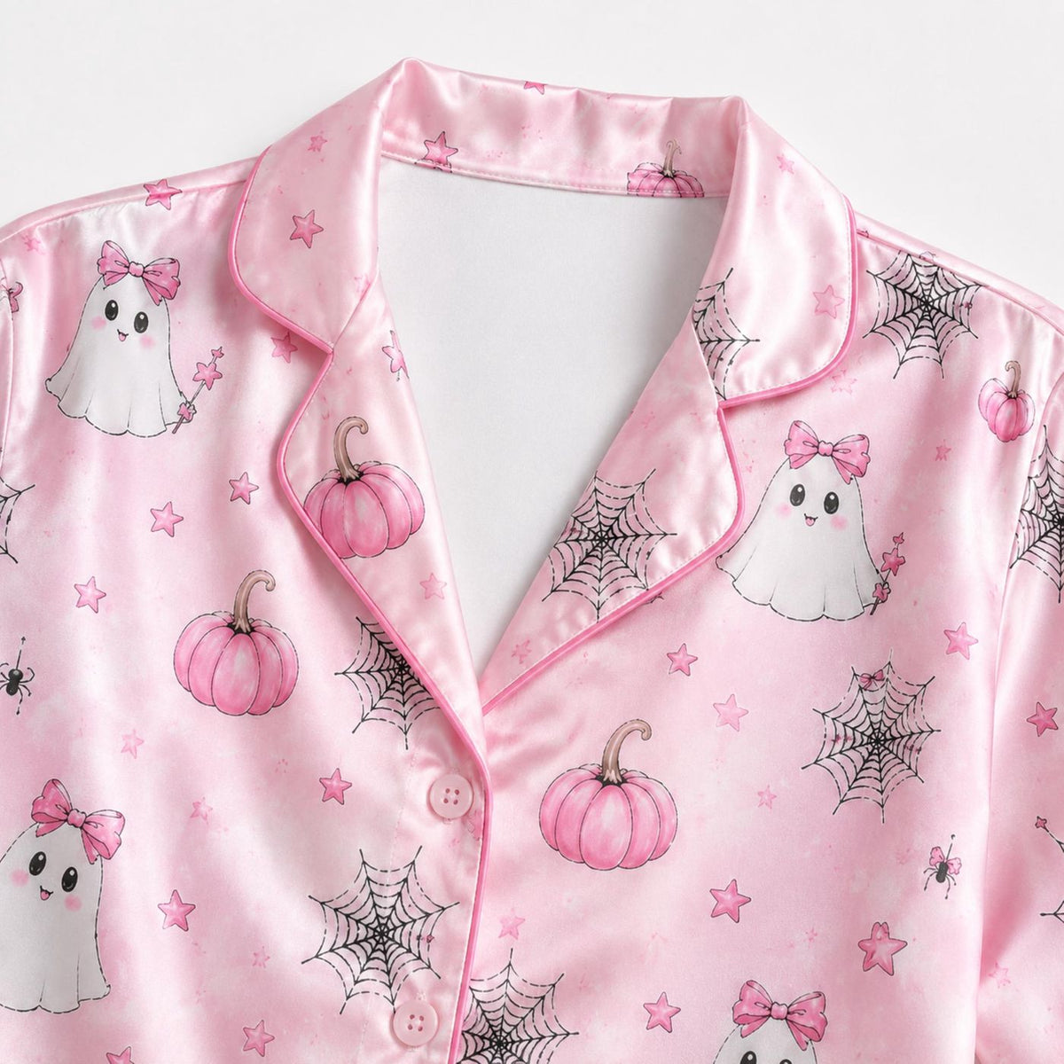 Spooky Pink Ghost Pumpkin Satin Pajama Set: Halloween Sleepwear