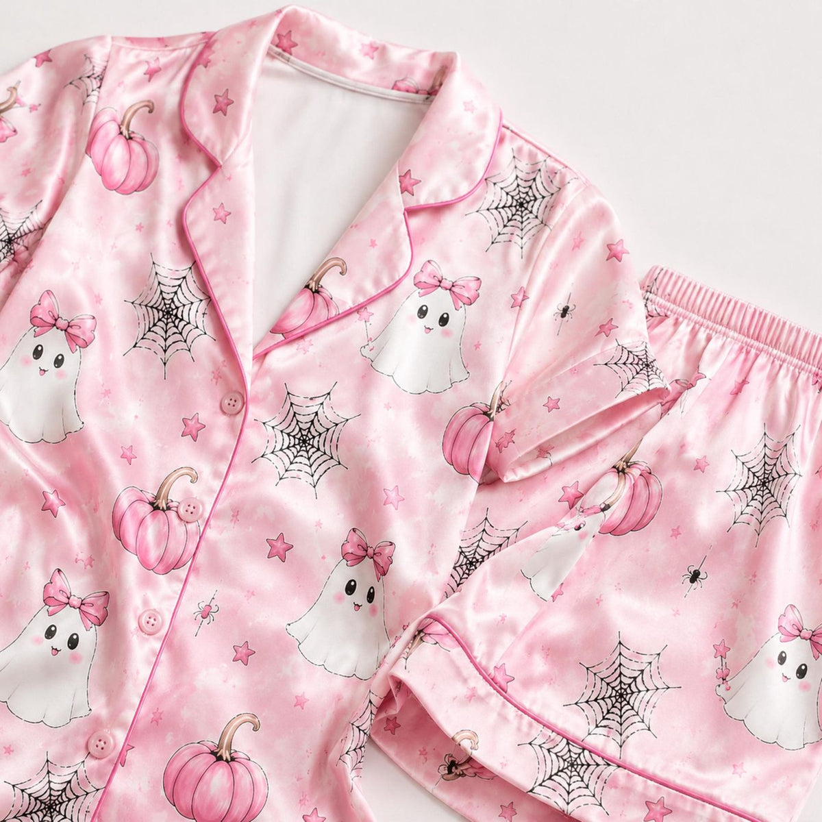 Pink Ghost Pumpkin Satin Pajama Set for Spooky Halloween Sleepwear