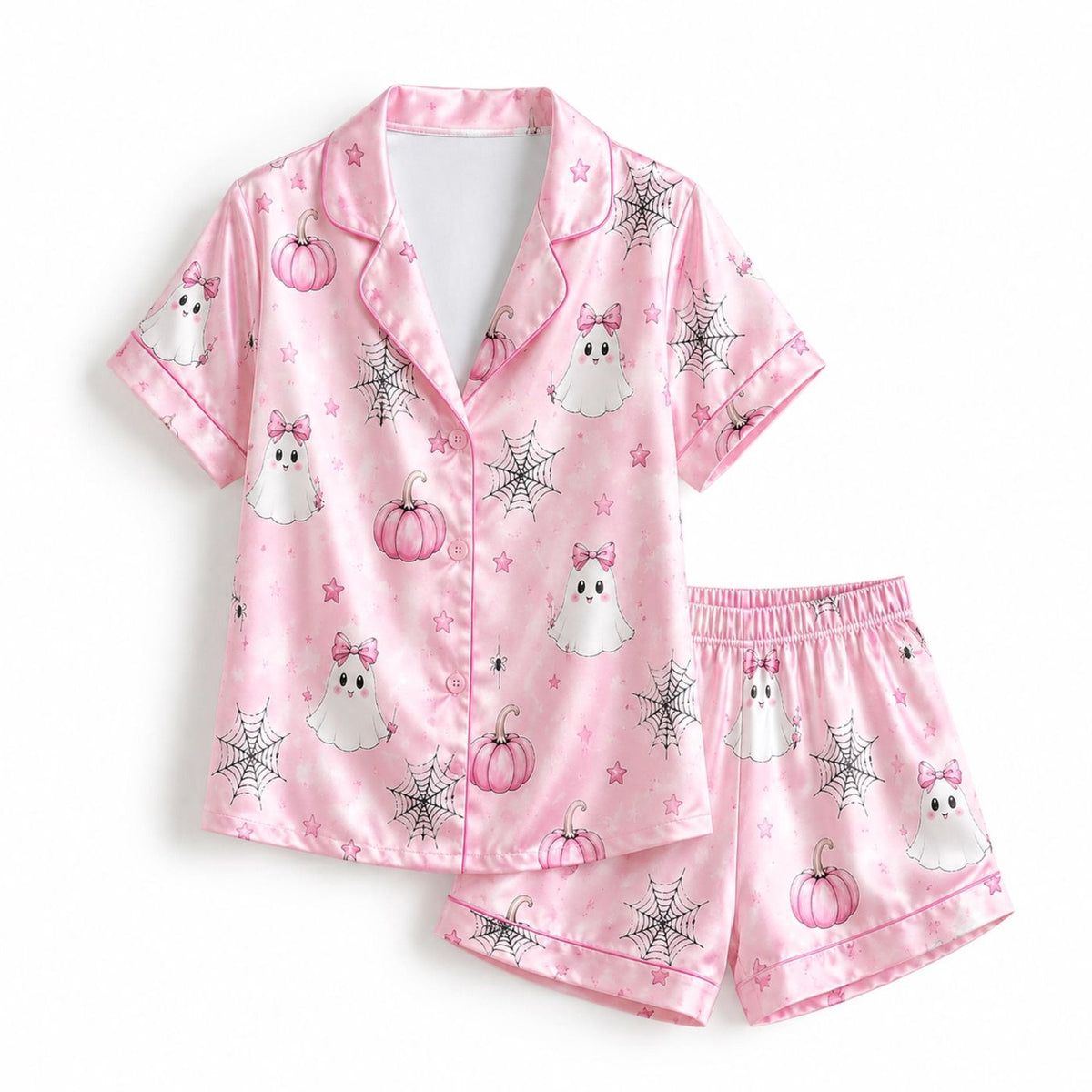 Pink Ghost Pumpkin Satin Pajama Set for Spooky Halloween Sleepwear
