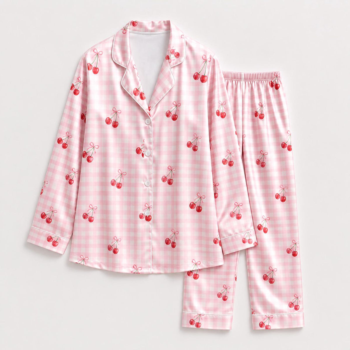 Coquette Pink Gingham Cherry Bow Satin Pajama Set: Two Piece Button Up Sleepwear