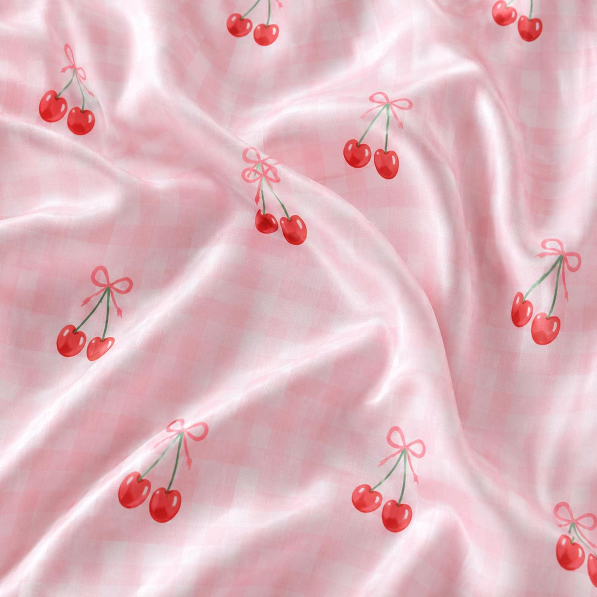 Coquette Pink Gingham Cherry Bow Satin Pajama Set: Two Piece Button Up Sleepwear