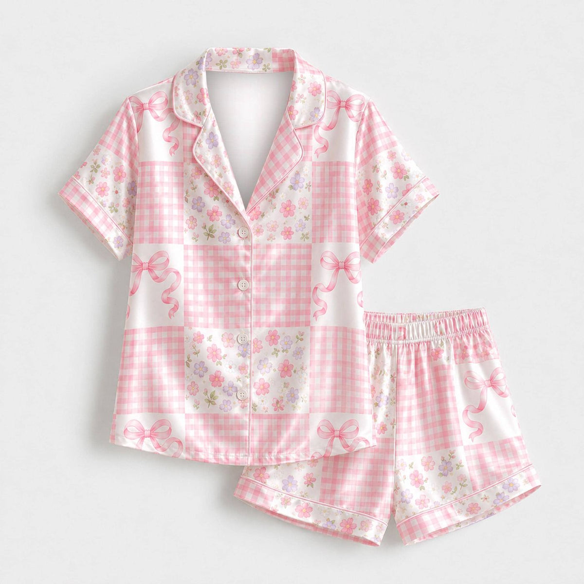 Women s Pink Gingham Patchwork Floral Bow Satin Pajama Set Coquette Loungewear