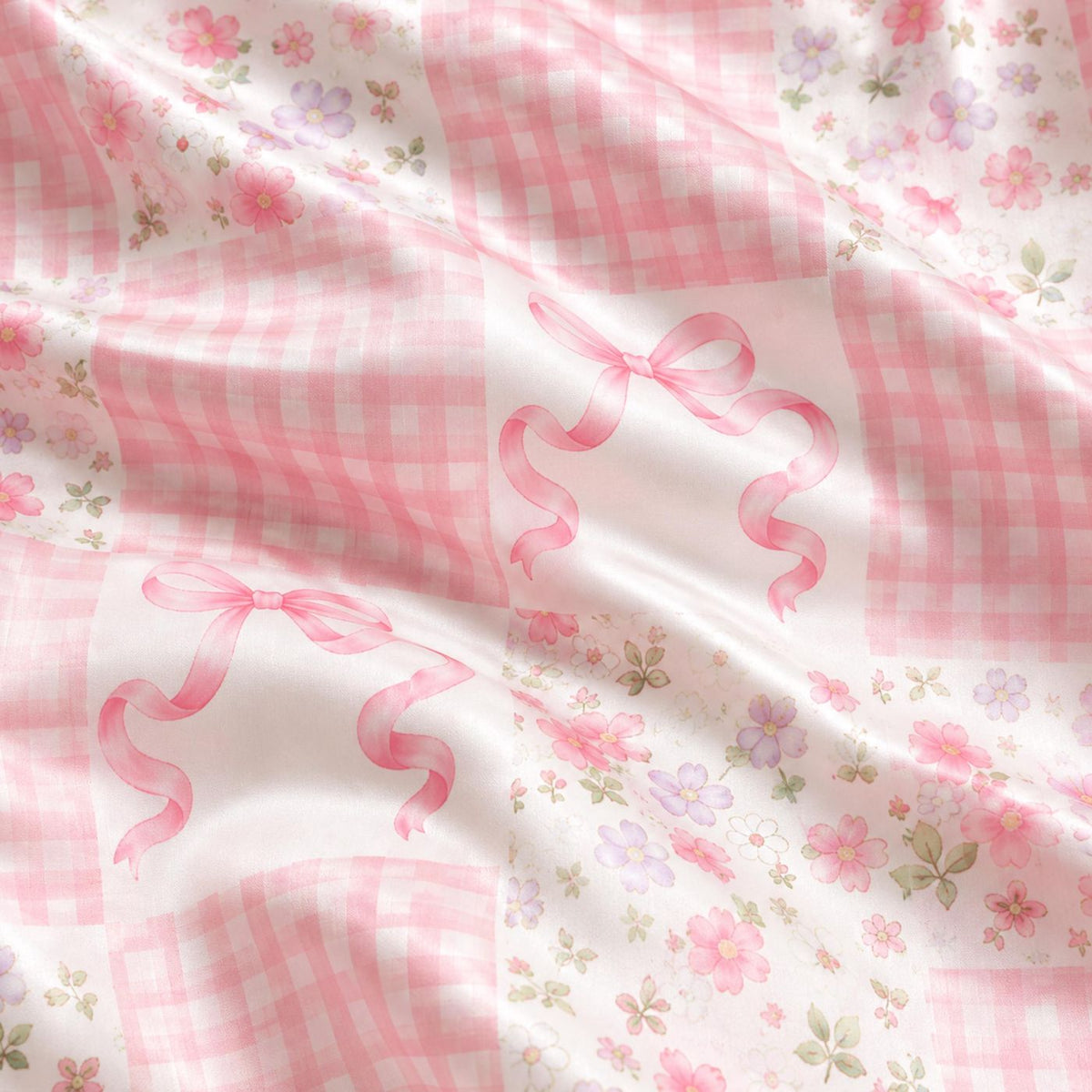 Women s Pink Gingham Patchwork Floral Bow Satin Pajama Set Coquette Loungewear