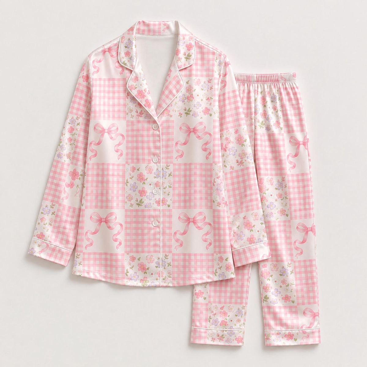 Women s Pink Gingham Patchwork Floral Bow Satin Pajama Set Coquette Loungewear