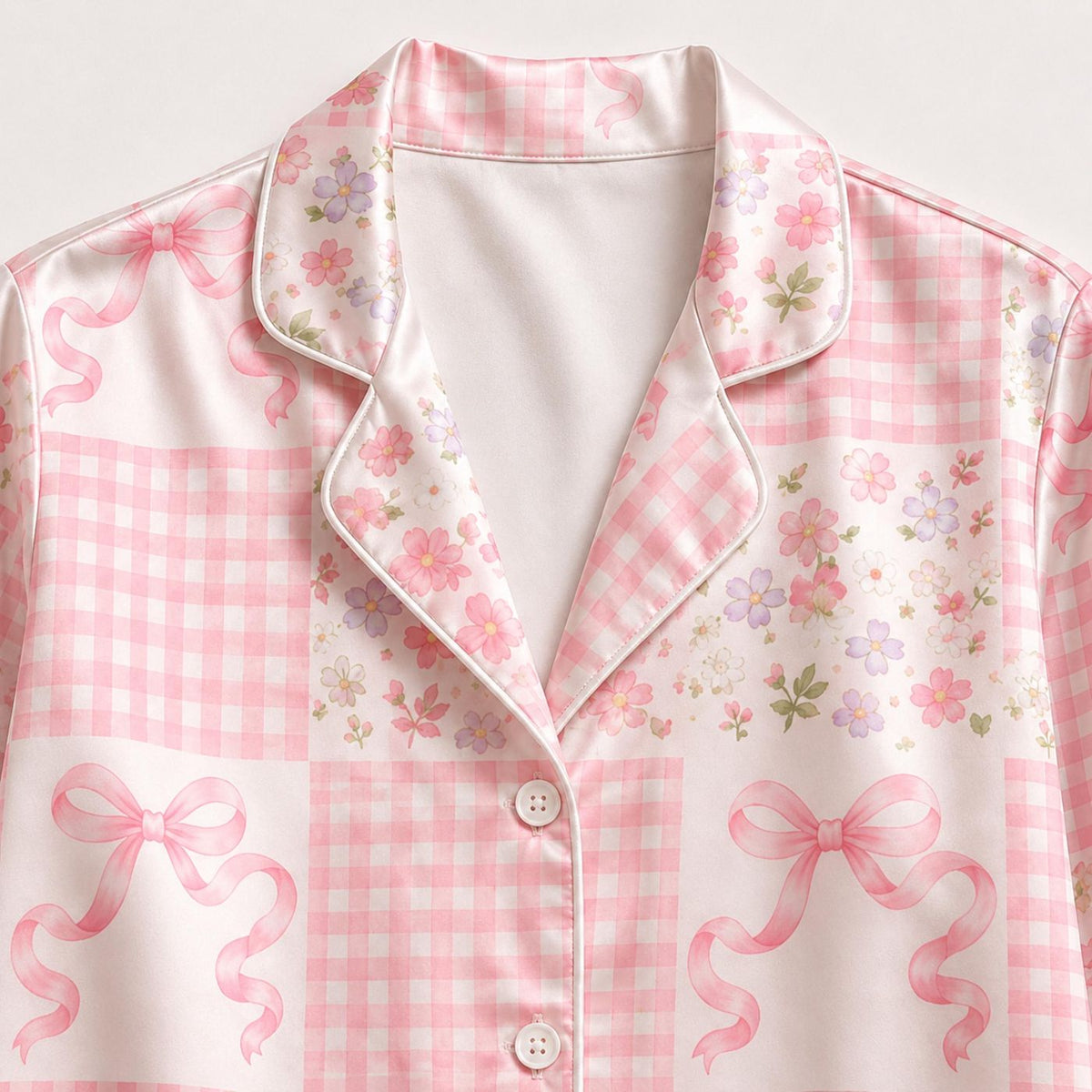 Women s Pink Gingham Patchwork Floral Bow Satin Pajama Set Coquette Loungewear
