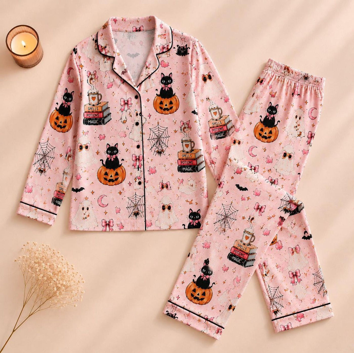 Coquette Ghost Cat Pumpkin Print Pink Halloween Pajama Set Sleepwear