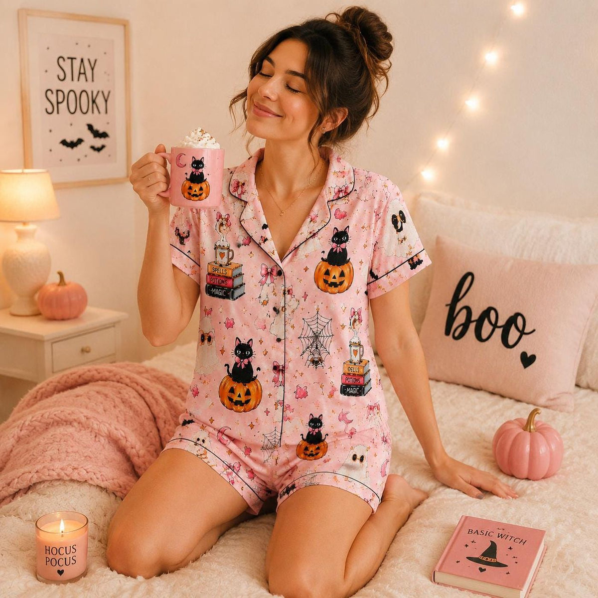 Coquette Ghost Cat Pumpkin Print Pink Halloween Pajama Set Sleepwear
