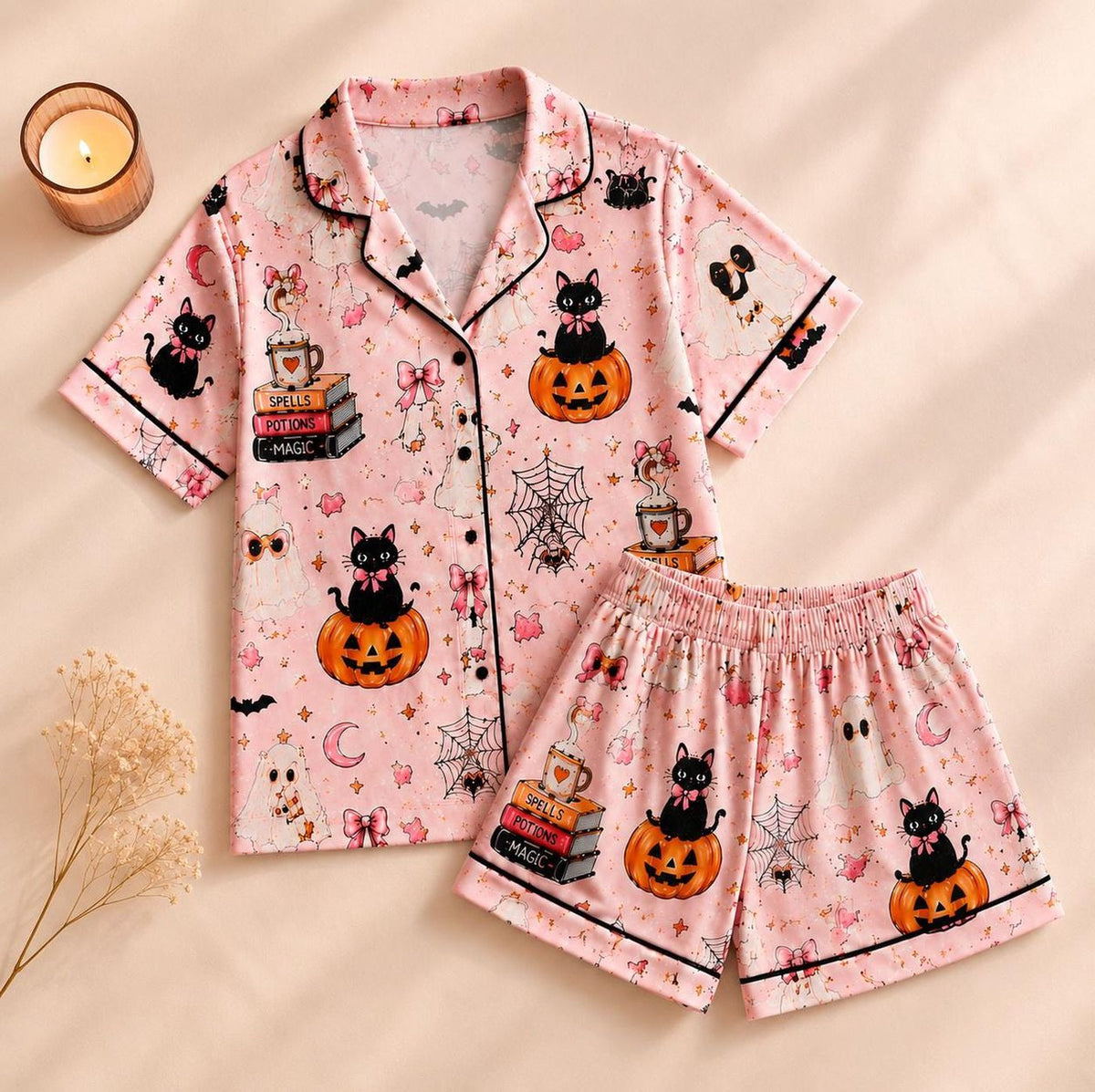 Coquette Ghost Cat Pumpkin Print Pink Halloween Pajama Set Sleepwear