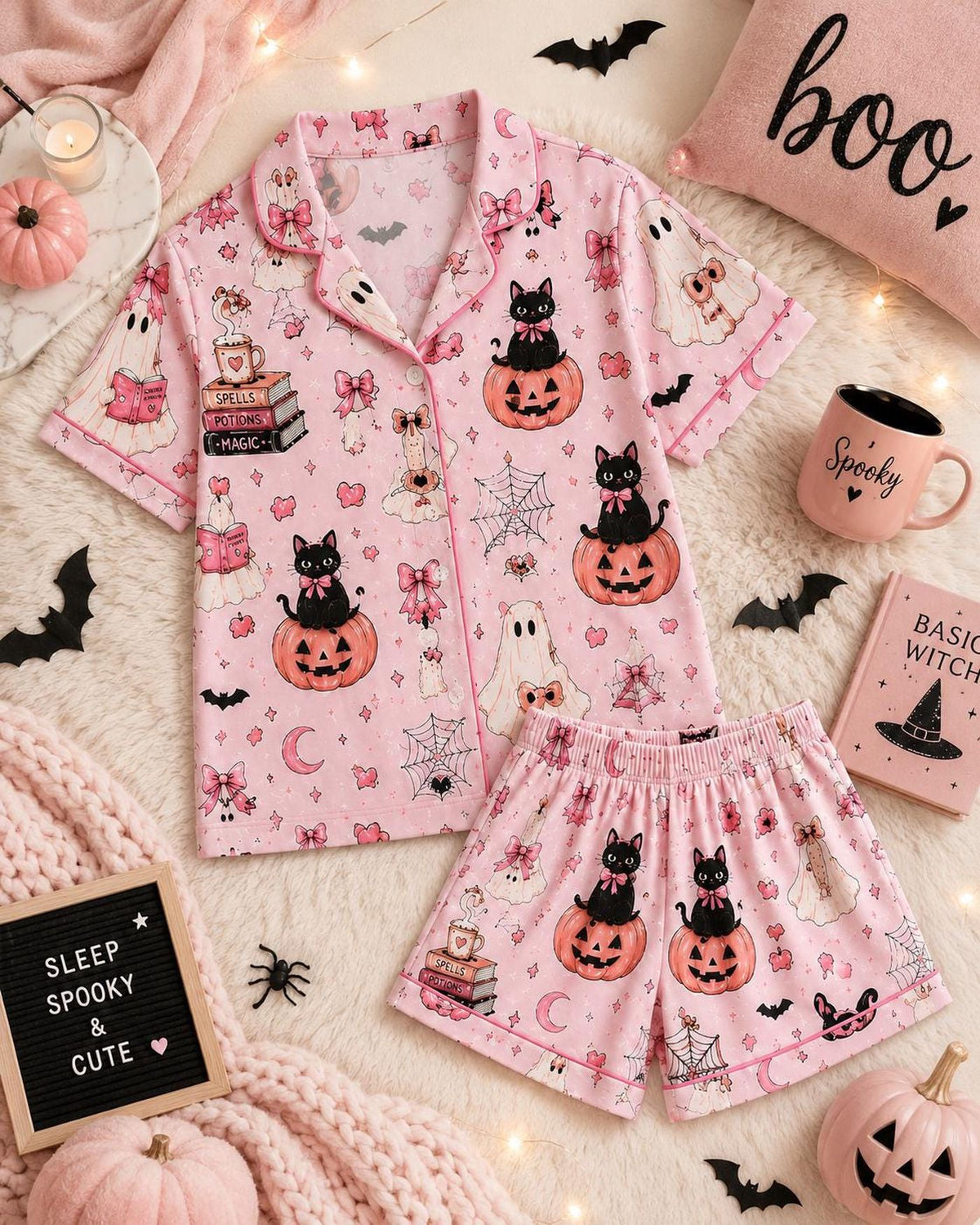Pink Halloween Pajama Set - Coquette Ghost Pumpkin Black Cat PJs Cute Matching Sleepwear for Her