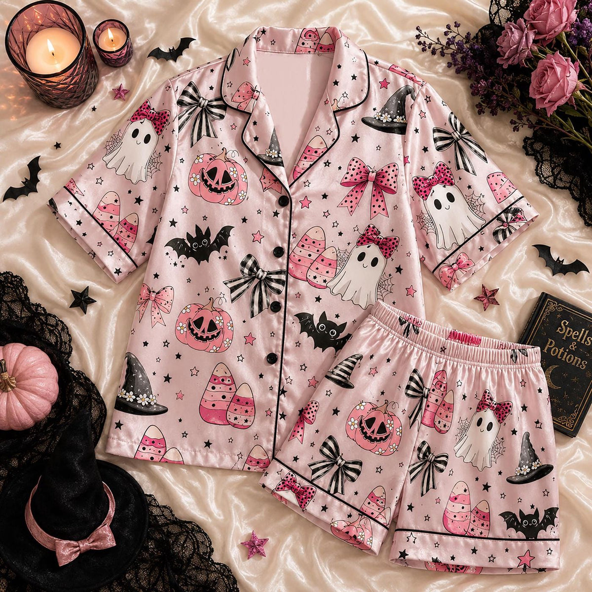 Pink Halloween Ghost Satin PJ Set: Coquette Loungewear with Cute Pumpkin Gift